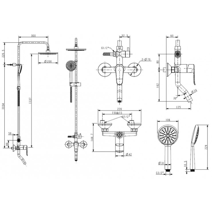 Bản vẽ kích thước sen tắm cây American Standard WF9088