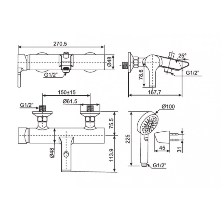Bản vẽ kích thước vòi hoa sen American Standard WF-3911