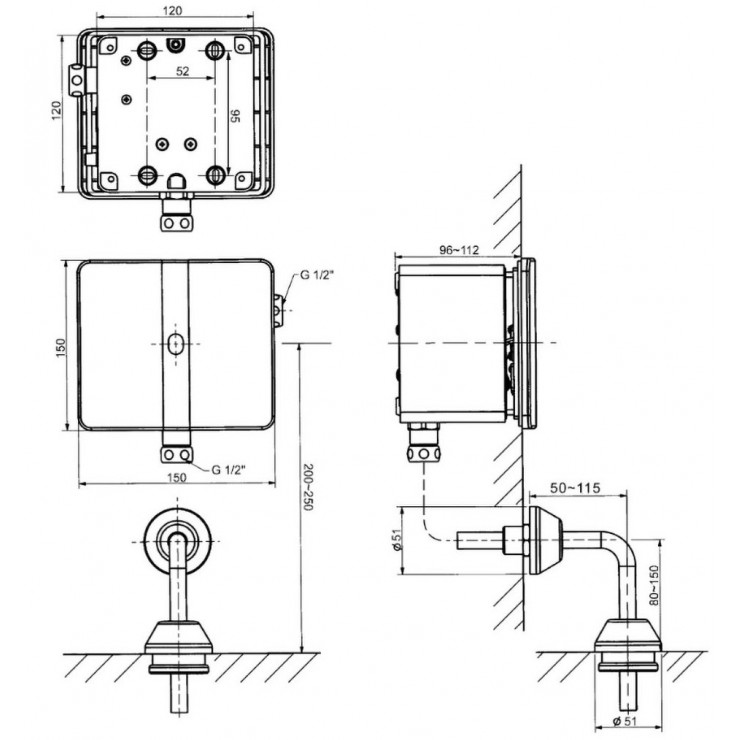 Bản vẽ kích thước van xả tiểu cảm ứng American Standard WF 8604