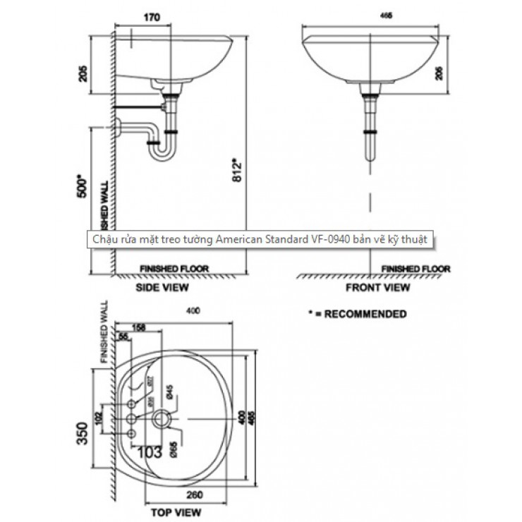 Bản vẽ kích thước lavabo American Standard VF 0940