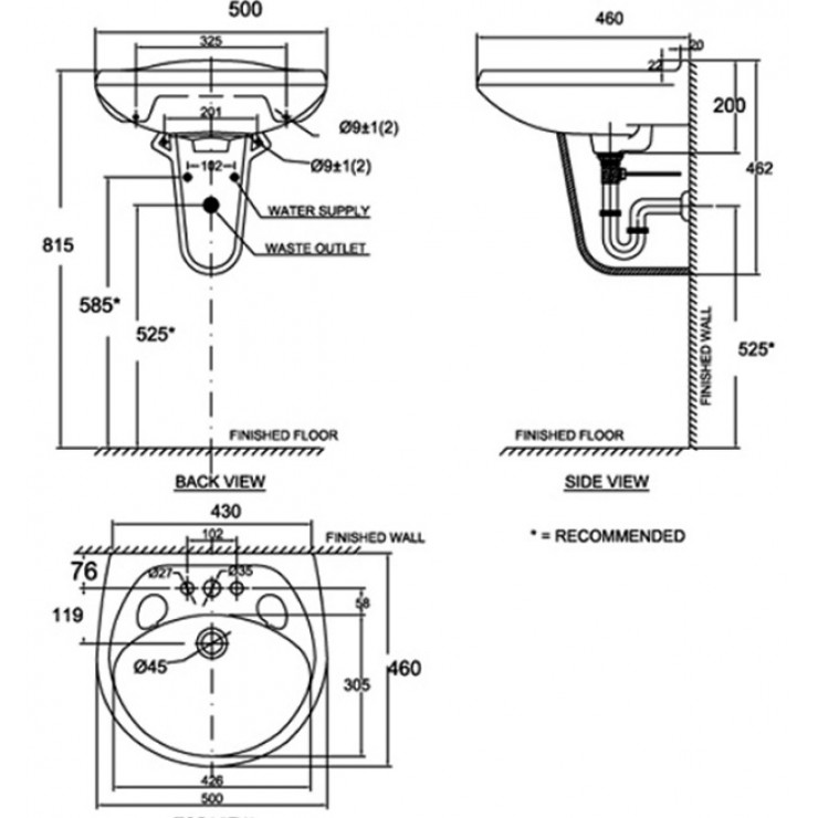 Bản vẽ kích thước chậu rửa mặt American VF-0969 VF-0912