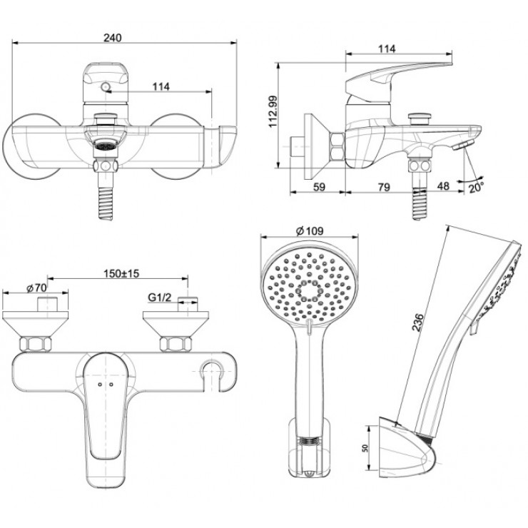 Bản vẽ kích thước vòi hoa sen American WF-0911
