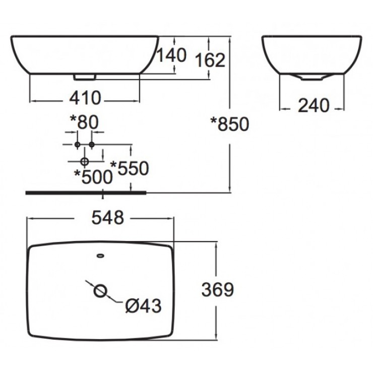 Bản vẽ chậu rửa mặt WPF650 đặt trên bàn đá