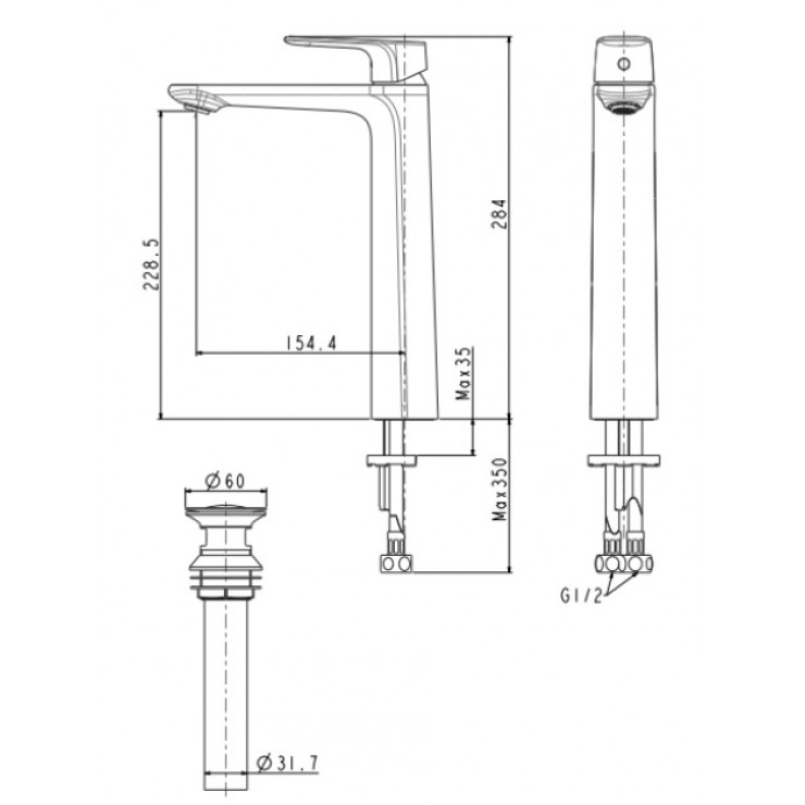 Bản vẽ vòi chậu lavabo nóng lạnh cổ cao american WF1702