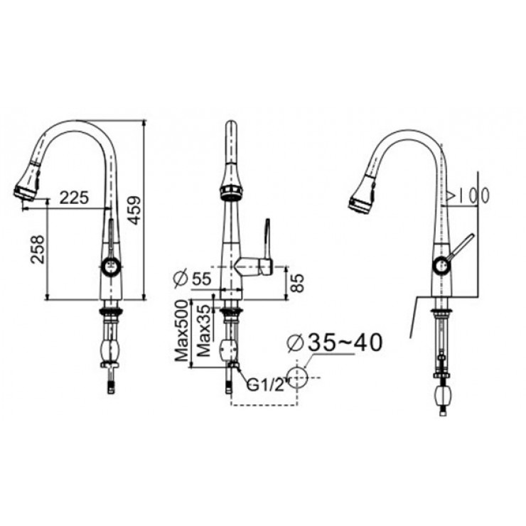 Bản vẽ kích thước vòi rửa chén rút dây American WF5634