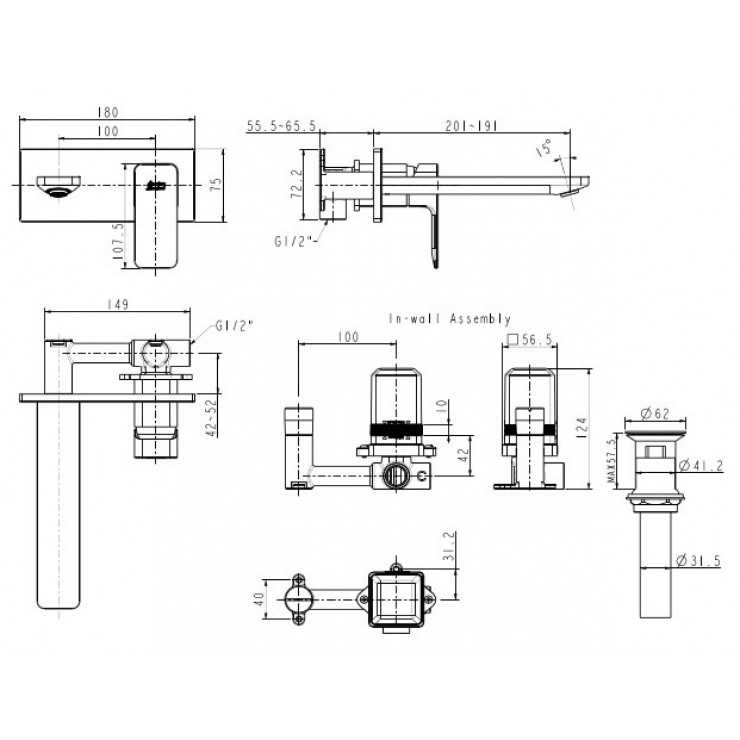 Bản vẽ kỹ thuật vòi lavabo âm tường WF-1304 nóng lạnh American 