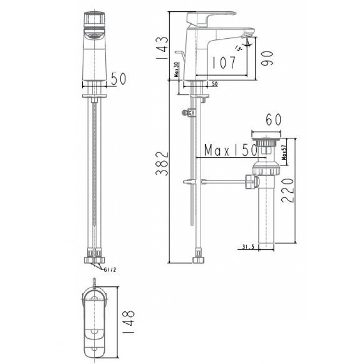 Bản vẽ kích thước vòi chậu rửa mặt American WF1M01 