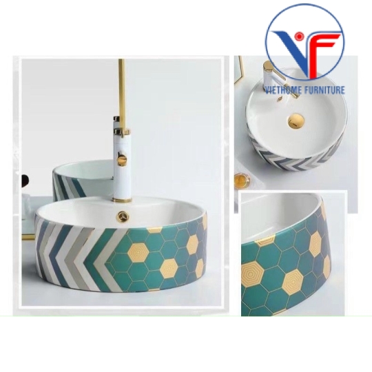 LAVABO - CHẬU RỬA MẶT ĐẶT BÀN HÌNH TRÒN Hoạ Tiết Hoa Văn Xanh