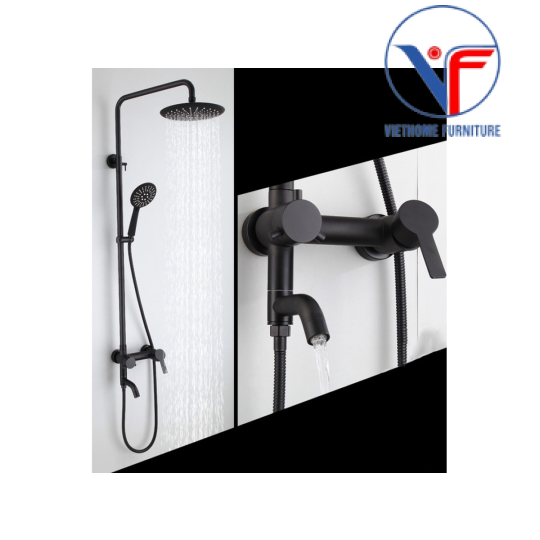 SEN CÂY TẮM NÓNG LẠNH INOX 304 TRÒN CỦ LỆCH SƠN TĨNH ĐIỆN ĐEN