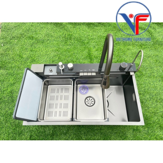 Chậu rửa chén 1 hố vòi thác 5 phím 80x46cm