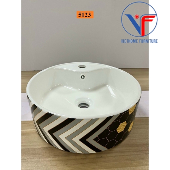 LAVABO - CHẬU RỬA MẶT ĐẶT BÀN HÌNH TRÒN Hoạ Tiết Hoa Văn đen