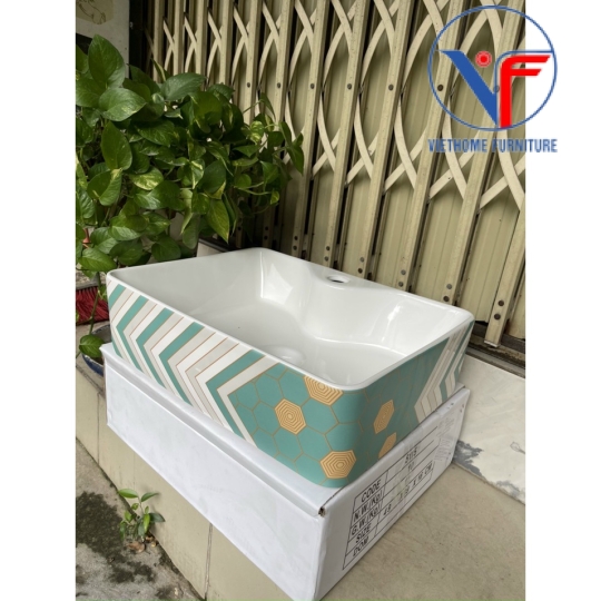 LAVABO - CHẬU RỬA MẶT ĐẶT BÀN HÌNH VUÔNG Hoạ Tiết Hoa Văn XANH