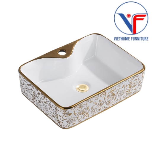Chậu Rửa Mặt Lavabo Vuông Hoa Văn Vàng