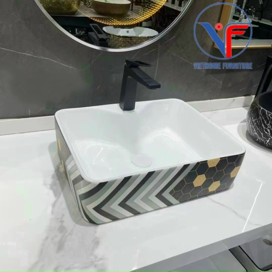 LAVABO - CHẬU RỬA MẶT ĐẶT BÀN HÌNH VUÔNG Hoạ Tiết Hoa Văn đen
