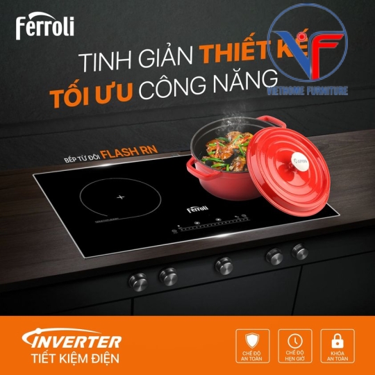 Bếp từ đôi Ferroli Flash RN thiết kế bo viền, điều khiển phím số, công suất cao 4000W, bảo hành 2 năm toàn quốc