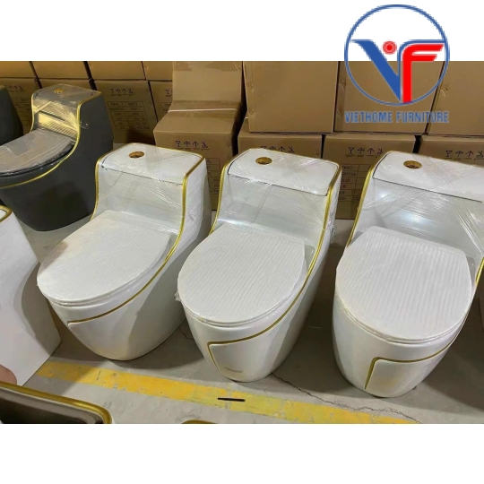 Bồn Cầu Trứng Nắp Ngang màu trắng chỉ vàng