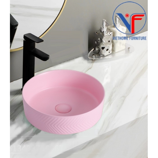 Lavabo đặt bàn nghệ thuật màu hồng hình tròn