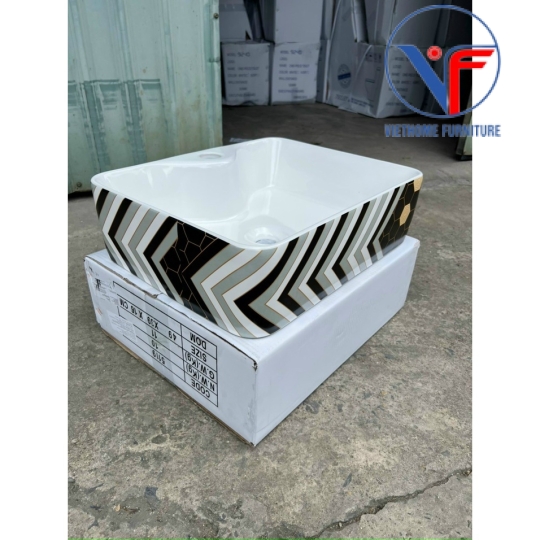 LAVABO - CHẬU RỬA MẶT ĐẶT BÀN HÌNH VUÔNG Hoạ Tiết Hoa Văn đen