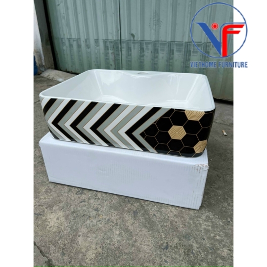 LAVABO - CHẬU RỬA MẶT ĐẶT BÀN HÌNH VUÔNG Hoạ Tiết Hoa Văn đen