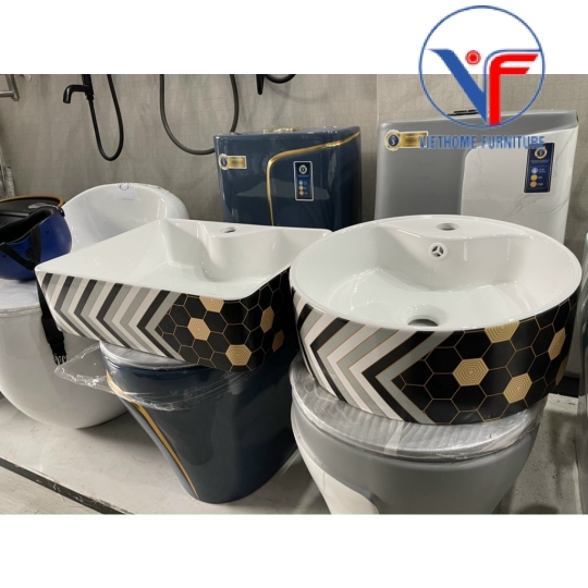 LAVABO - CHẬU RỬA MẶT ĐẶT BÀN HÌNH TRÒN Hoạ Tiết Hoa Văn đen