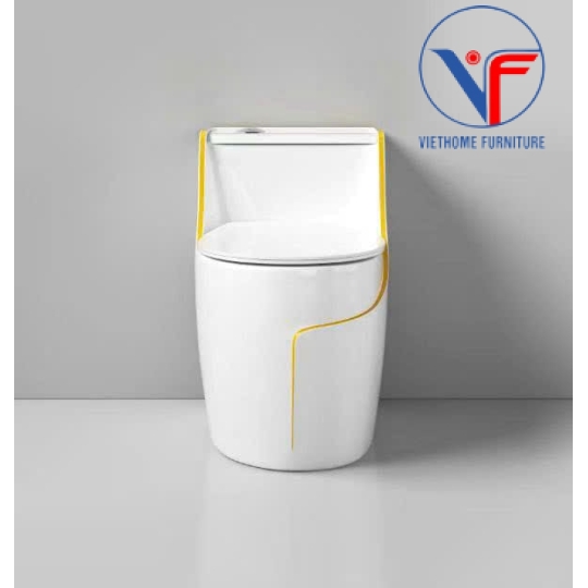 Bồn Cầu Trứng Nắp Ngang màu trắng chỉ vàng