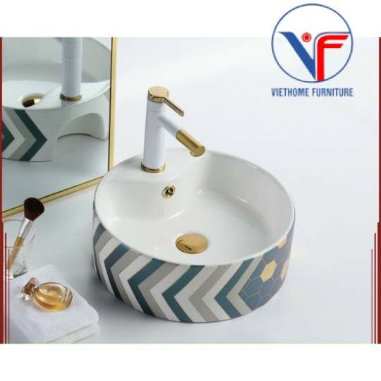 LAVABO - CHẬU RỬA MẶT ĐẶT BÀN HÌNH TRÒN Hoạ Tiết Hoa Văn Xanh
