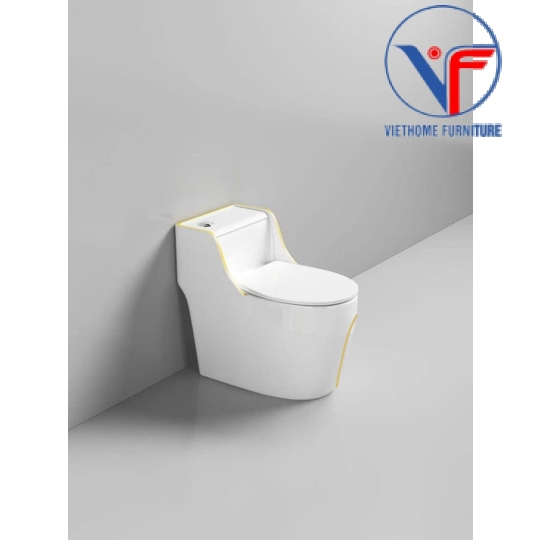 Bồn Cầu Trứng Nắp Ngang màu trắng chỉ vàng