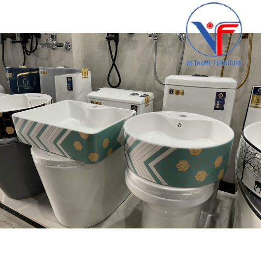 LAVABO - CHẬU RỬA MẶT ĐẶT BÀN HÌNH VUÔNG Hoạ Tiết Hoa Văn XANH
