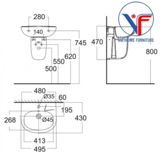 Chậu Rửa Lavabo American Standard VF-0947/VF-0741 Codie Treo Tường