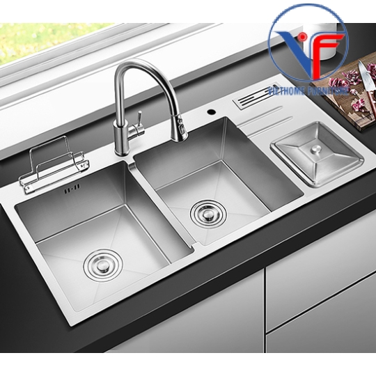 CHẬU CHÉN INOX HAI HỘC SUS304 10048C