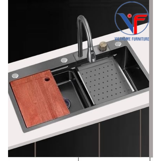CHẬU RỬA CHÉN, BÁT 1 HỐ INOX PHỦ NANO ĐEN 82x45CM CÓ VÒI DÂY RÚT