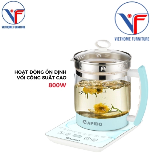 Ấm điện đa năng 1.8L Rapido RMK0818-S , bình siêu tốc thủy tinh chịu nhiệt, BH12 tháng