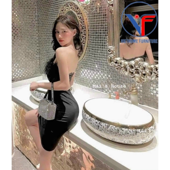 LAVABO ĐẶT BÀN ĐÁ HÌNH OVAL HOẠ TIẾT HOA VÀNG