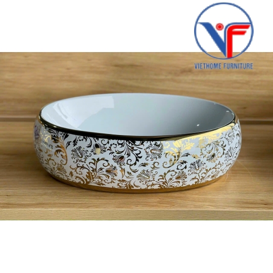 LAVABO ĐẶT BÀN ĐÁ HÌNH OVAL HOẠ TIẾT HOA VÀNG
