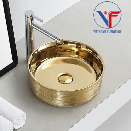 Chậu rửa lavabo nghệ thuật tròn đặt bàn mạ vàng cao cấp