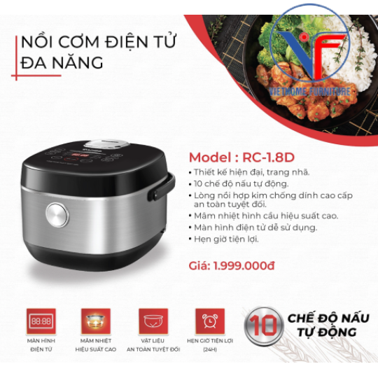 Nồi cơm điện tử Rapido RC-1.8D 500W 1.8L công nghệ nhật bản, 10 chức năng nấu, bảo hành 1 Năm