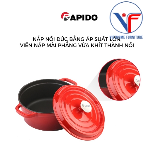 Nồi gang đúc tráng men Rapido cao cấp size 24cm phù hợp mọi loại bếp gia đình