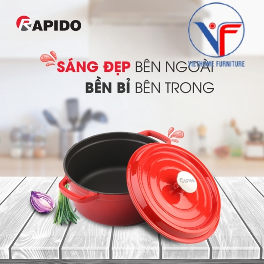 Nồi gang đúc tráng men Rapido cao cấp size 22cm phù hợp mọi loại bếp gia đình