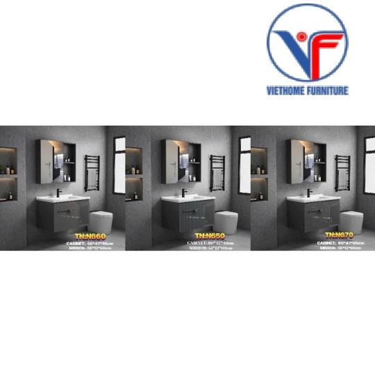 Bộ tủ lavabo nhôm kèm tủ gương màu xám size 60cm