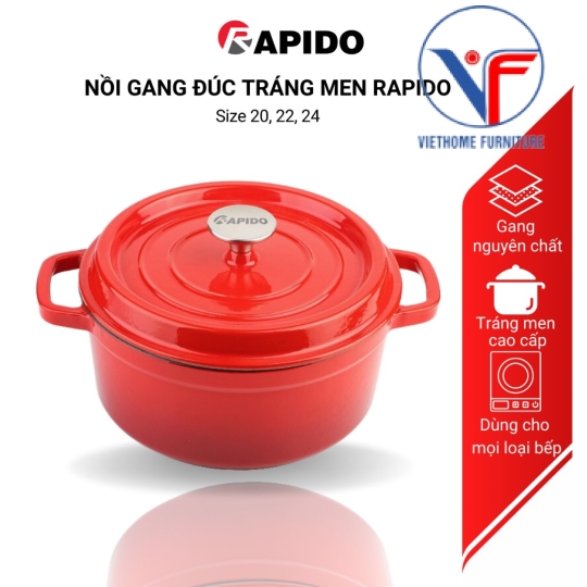 Nồi gang đúc tráng men Rapido cao cấp size 20cm phù hợp mọi loại bếp gia đình