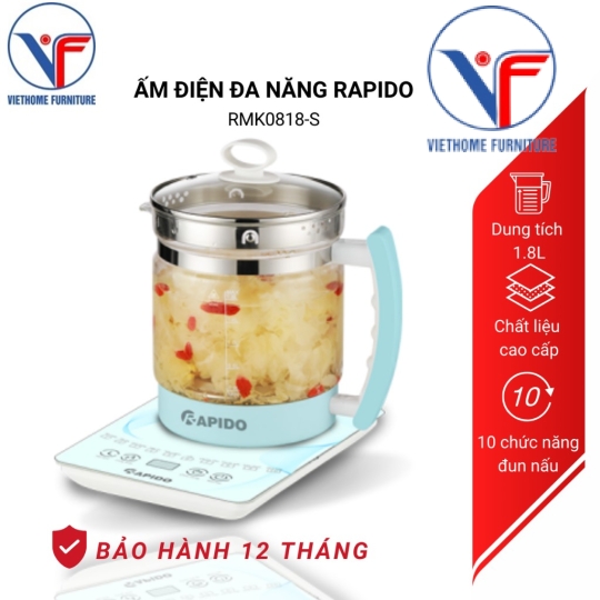 Ấm điện đa năng 1.8L Rapido RMK0818-S , bình siêu tốc thủy tinh chịu nhiệt, BH12 tháng