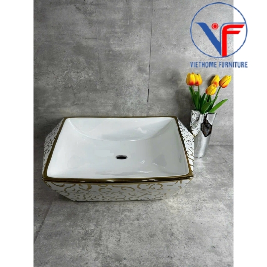 Lavabo hình lục giác họa tiết hoa vàng