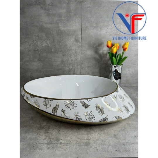 Lavabo oval dài họa tiết lá cọ màu vàng bóng