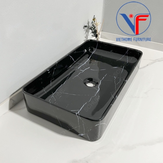 Lavabo đặt bàn hình chữ nhật màu đen vân đá