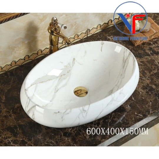 Lavabo oval màu trắng vân mây