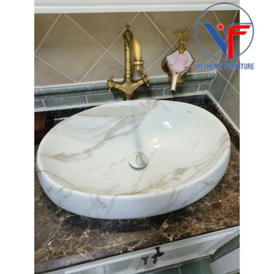 Lavabo oval màu trắng vân mây