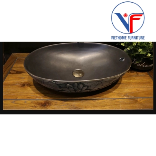 Lavabo oval màu đen họa tiết hoa sen
