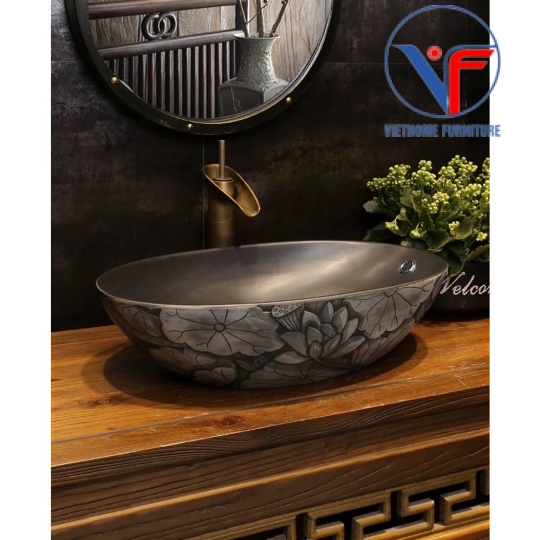 Lavabo oval màu đen họa tiết hoa sen