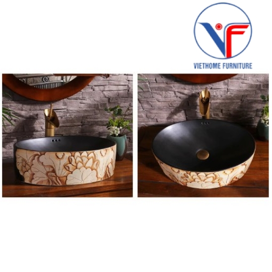 Lavabo oval giả cổmàu đất nung đỏ hoa trắng