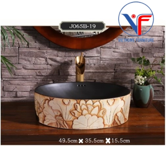 Lavabo oval giả cổmàu đất nung đỏ hoa trắng